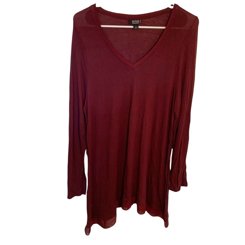 A.n.a. Womens Plus Sz 0X Handkerchief Hem Knit Tunic V-Neck Long Sleeve Burgundy
